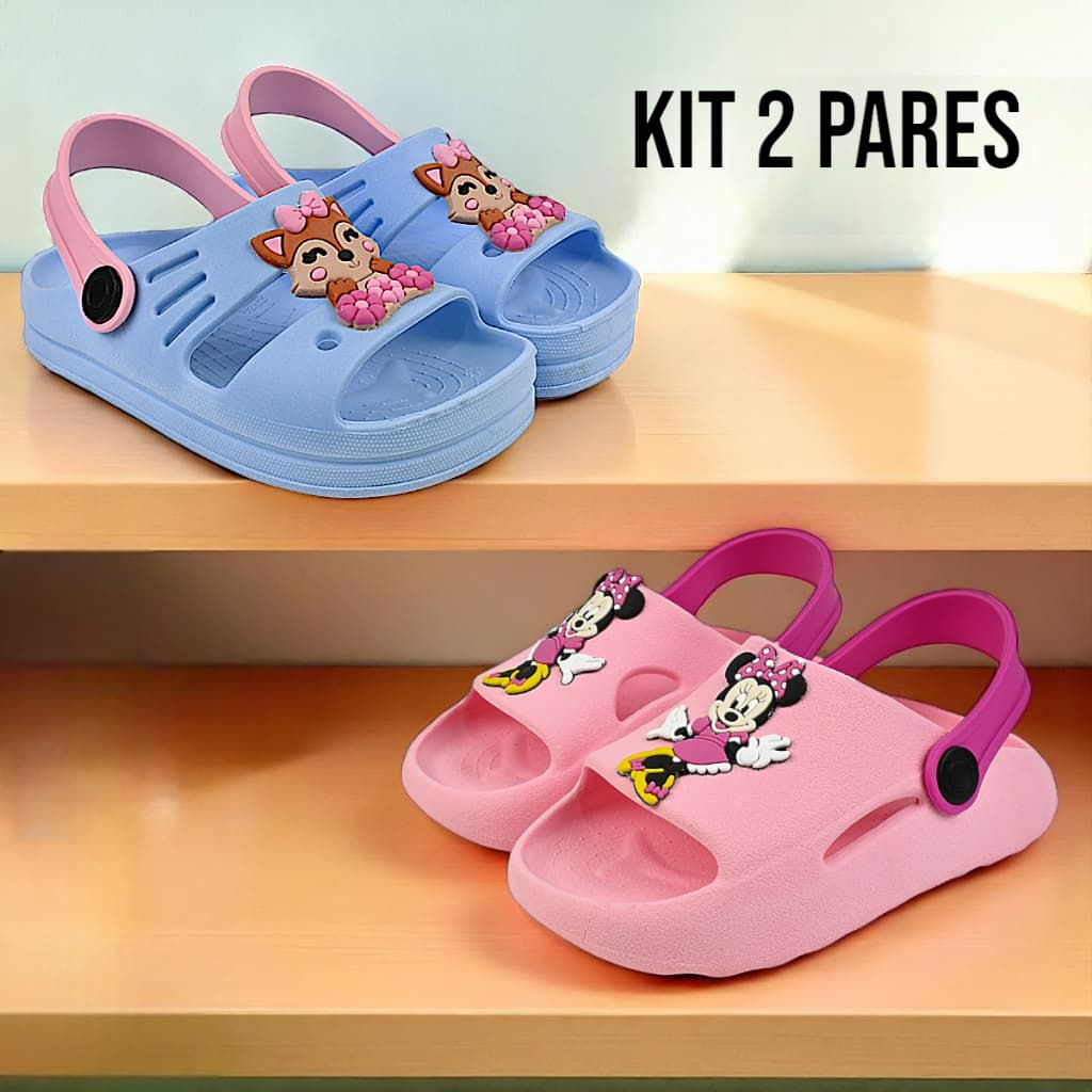 Kit 2 Pares Babuche Papete Slide Sandália Infantil Menina Macia Leve Confortável