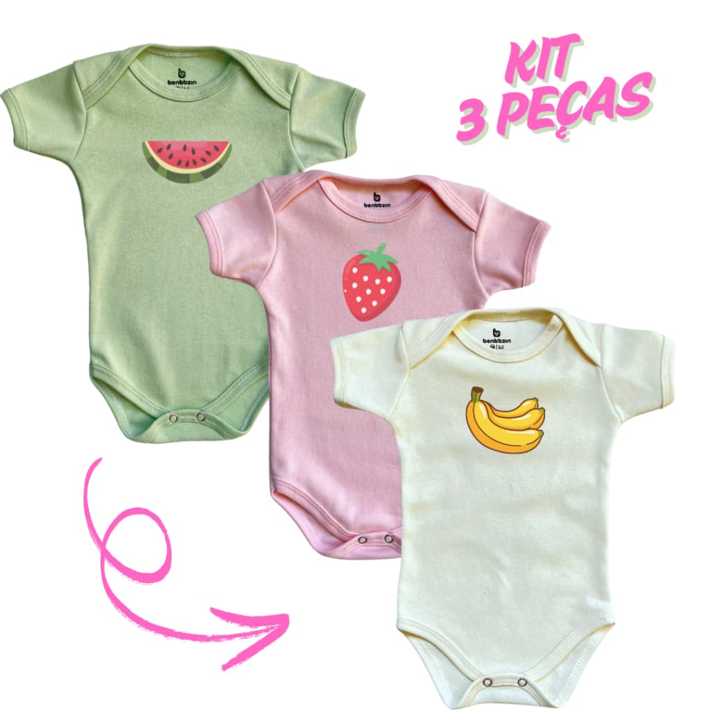 Kit Com 3 Bodies de Bebê Infantil Menina Frutinhas 100% Algodão Temático Melancia Bananinha Moranguinho.