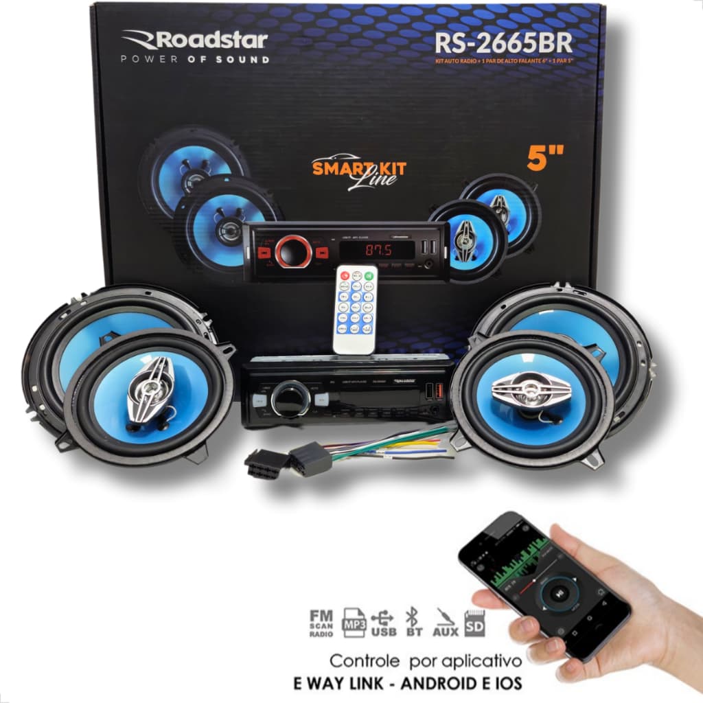 Kit Radio 4 saidas 48w + Alto Falantes Coaxial 2unds 5" e 2unds 6" Potencia Nominal 50w Rms