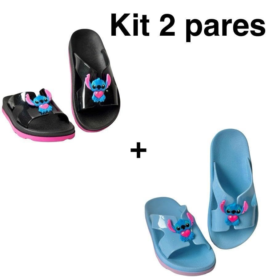 Kit 2 Pares Sandália STITCH Slide Glitter Menina Juvenil Infantil Leve Confortável Lançamento 2025