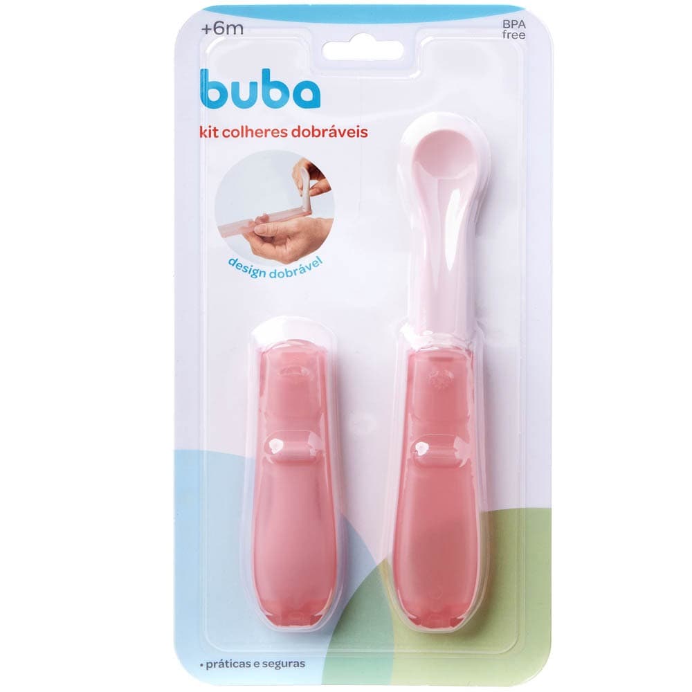 KIT 2 COLHERES DOBRÁVEIS INFANTIL BEBÊ ROSA BUBA