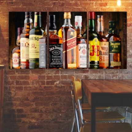 Quadro decorativo 3 peças bebidas Jack Daniels Red Label Arte dose decoração para bares adegas 60x40