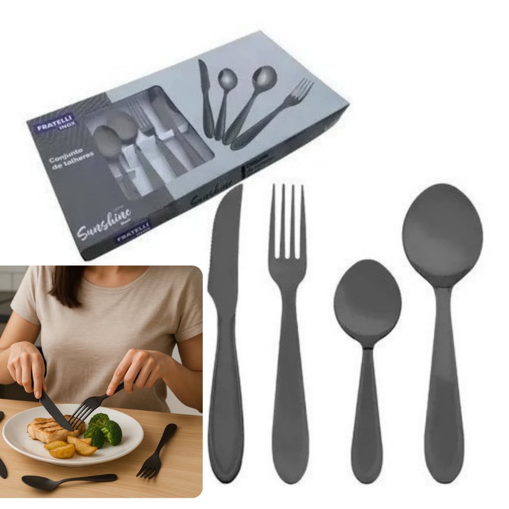 Jogo De Talhares Faqueiro 24 Peças Conjunto Completo Talher Inox Grandes Preto Kit Luxo Para Cozinha