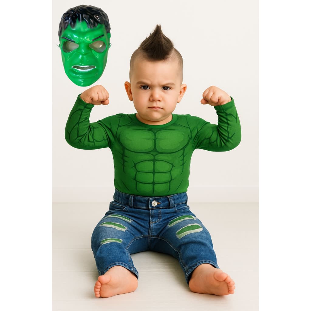 Fantasia Infantil do Hulk Longa com Enchimento e Máscara