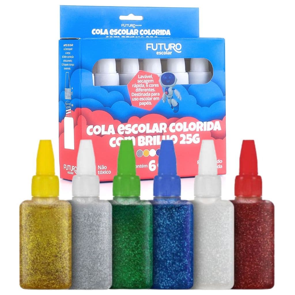 Cola Colorida Glitter 6 Cores 25g Escolar Lavável Atóxica Brilhante Infantil e Artesanato
