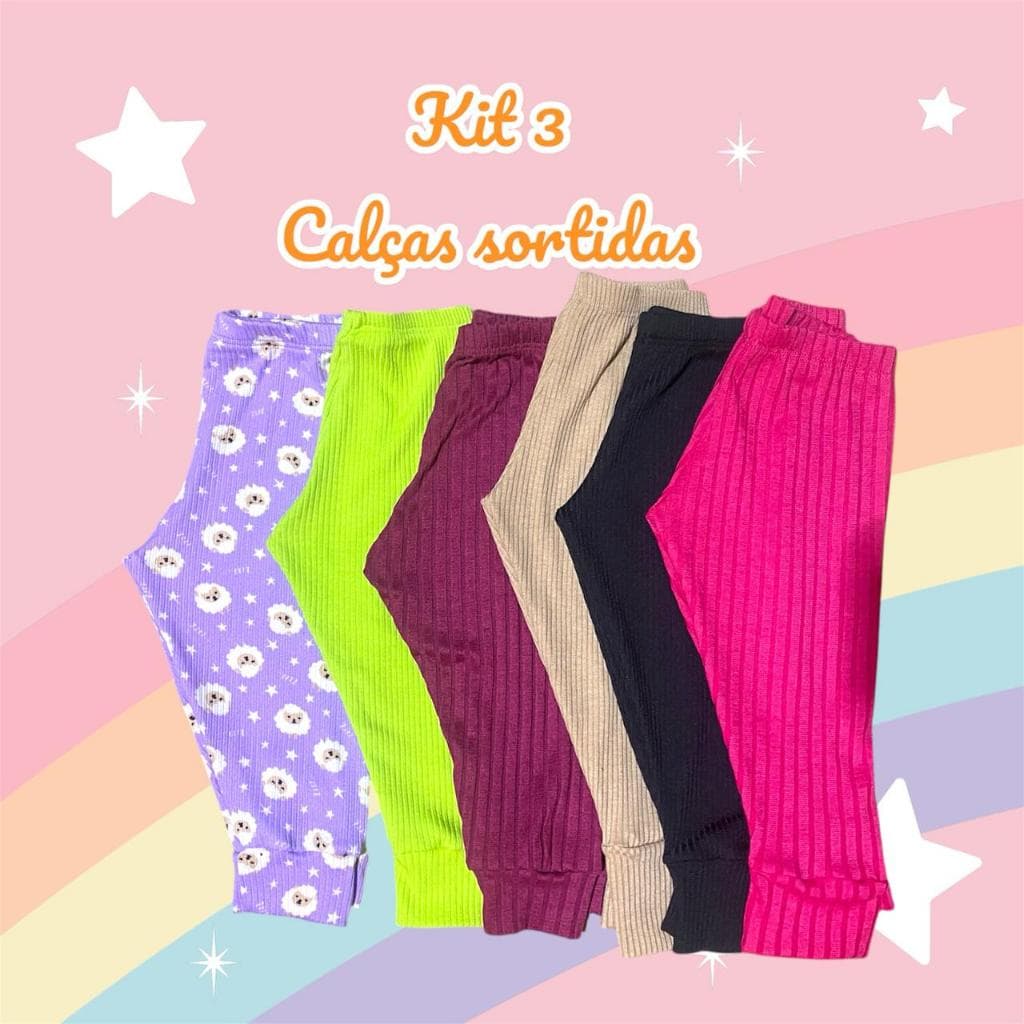 Kit 3 calças sortidas < kit 3 mijão de bebe ribana canela