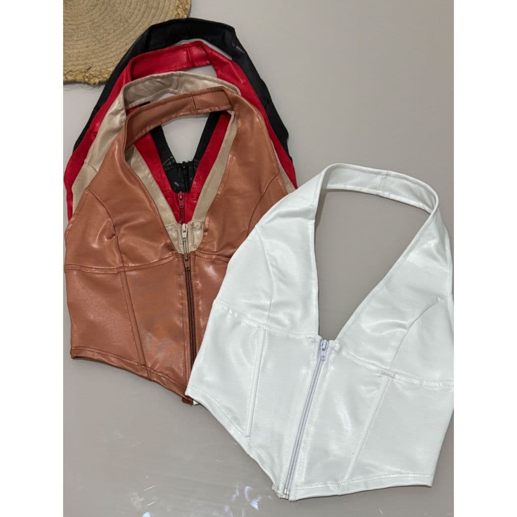 CROPPED KIMBERLY EM CIRRÊ ACETINADO COM ZÍPER E BARBATANAS -  Blusa cropped top feminana tendencia moda blogueira