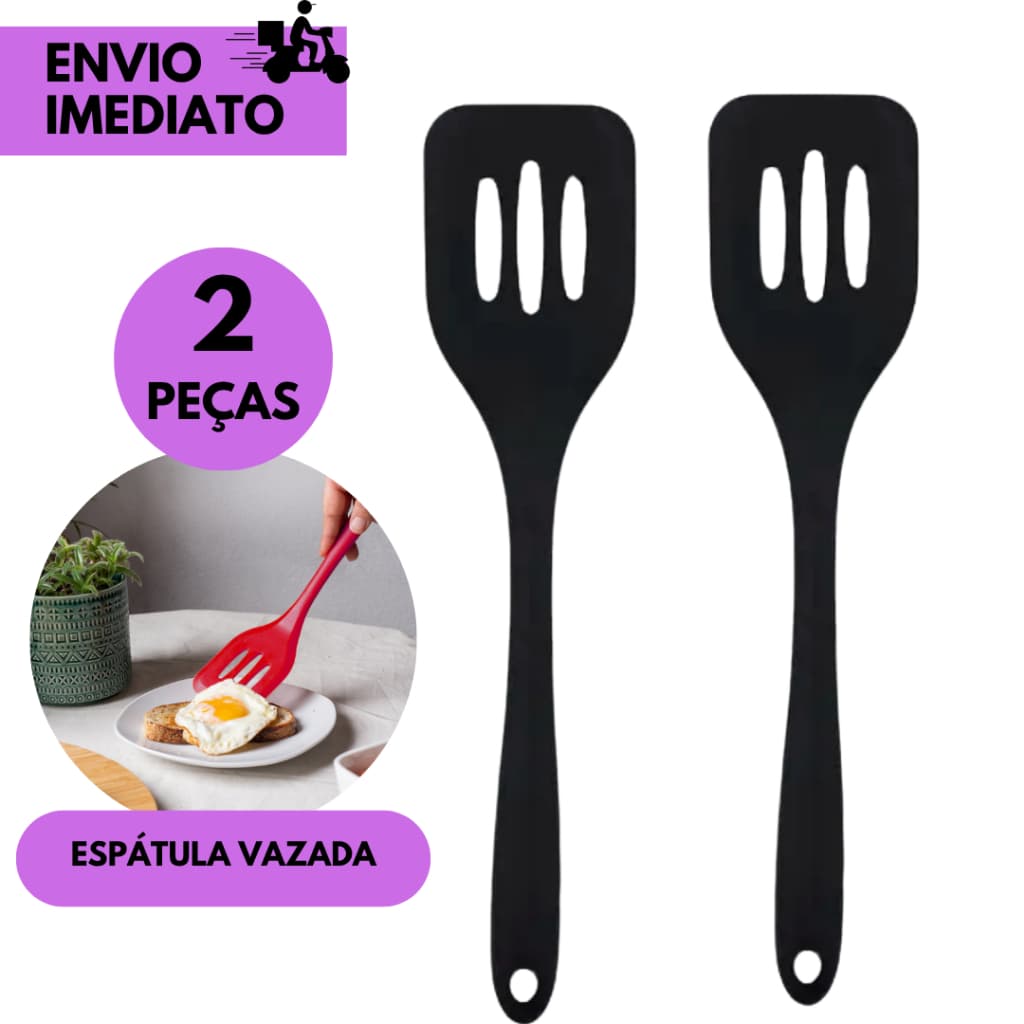 Kits 2 ou 1 Espátula Vazada Silicone Preta Cozinha Antiaderente Resistente Utensílio Doméstico Gourm