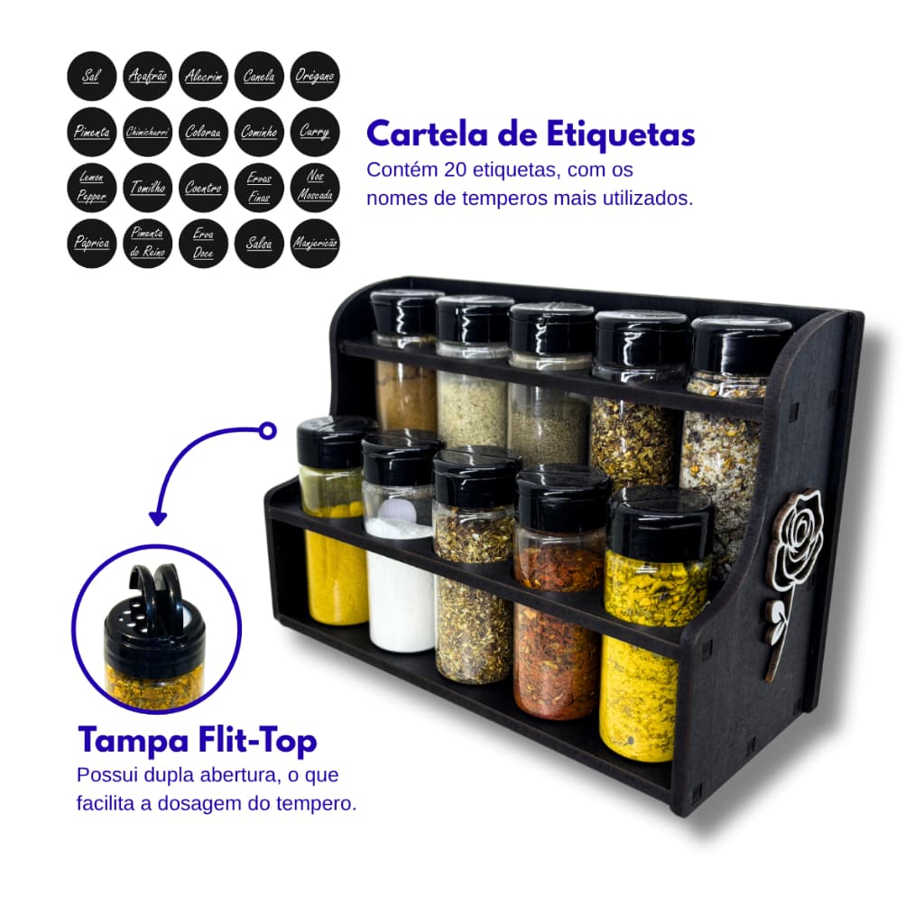 Porta Temperos e Condimentos Cozinha Mesa Parede, 10 Potes com Tampa mais 20 Etiquetas.