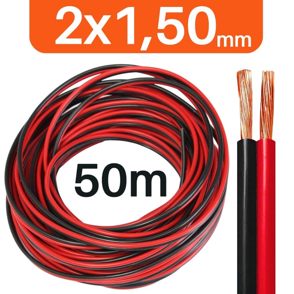 Rolo 50m Cabo Som Automotivo 1,50mm Bicolor Fio Alto Falante Flexível Resistente P/ Instalação Som