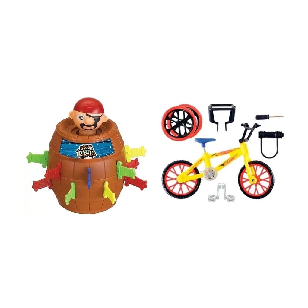 COMBO COM 2 SUPER BRINQUEDOS(PIRATA NO BARRIL+BICICLETA DE DEDO COM ACESSORIOS)PRESENTE CRIANÇA
