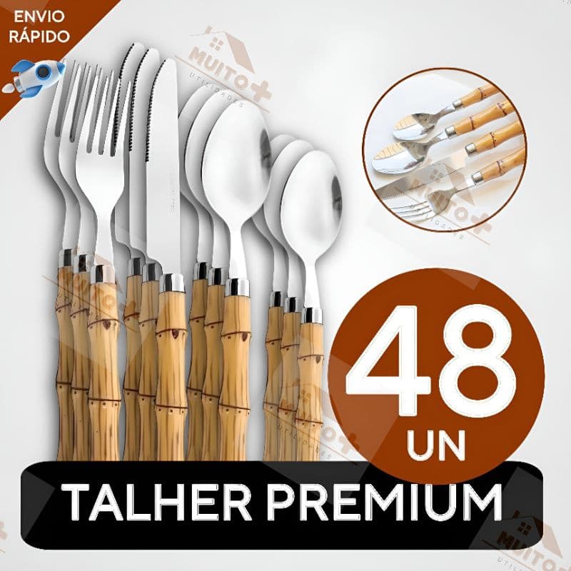 Jogo de Talheres 48 Peças Facas Garfos Colher e Colheres de Sobremesa Em Aço Inox de Cabo Plástico Bambu