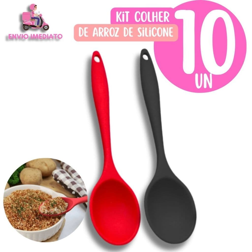 kit com 10 Colheres de Silicone Redonda de 26,8cm Para Arroz Maionese Farofa Utensílios de Cozinha