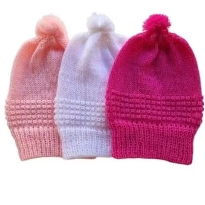 Pacote com 3 toucas de lã pra bebê Recém nascido menina (Rosa, Branco,  Pink)