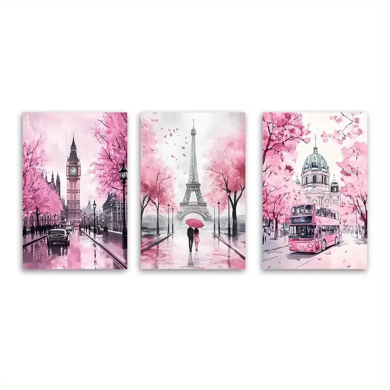 Quadro Decorativo Pontos Turísticos Paris Londres Rosa Luxo