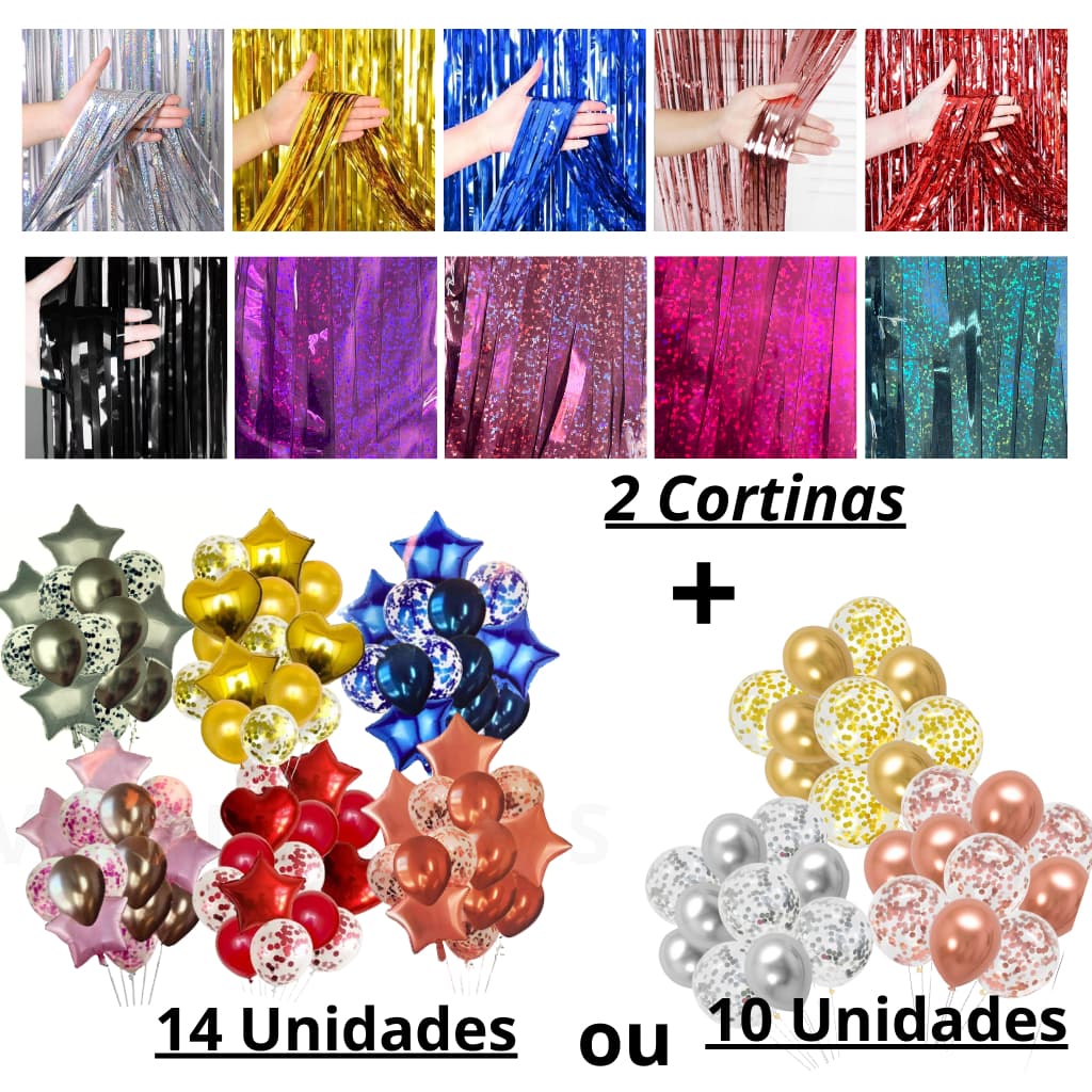 Kit Balões + 2 Cortinas Metalizadas (Kit 10 ou 14 balões metalizados)