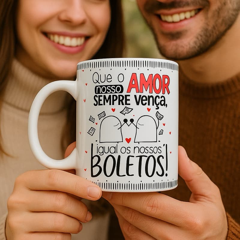 Caneca Divertida “Que o Amor Vença Igual os Boletos” – Presente Criativo e Engraçado para Casais e Namorados 💘💸