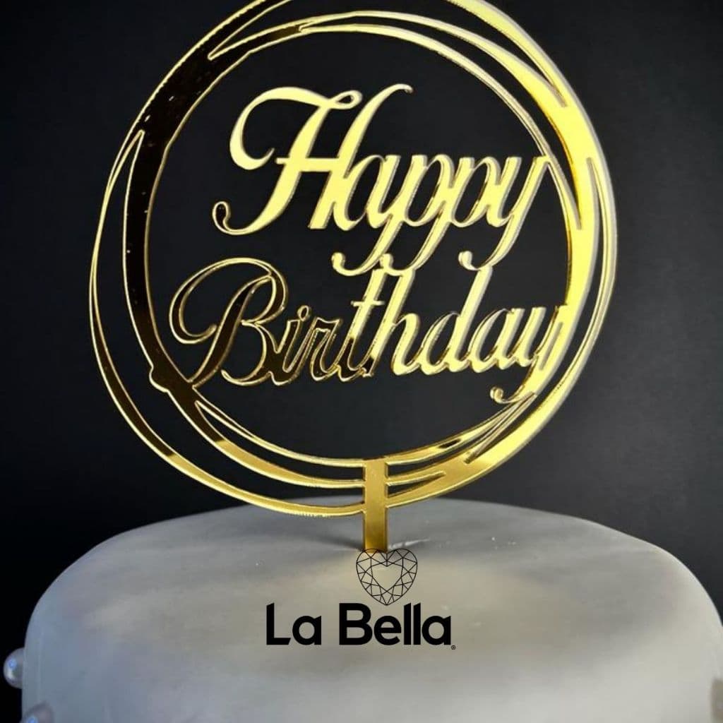 Topo de bolo Happy Birthday Aros/círculos em Acrílico Espelhado dourado luxo