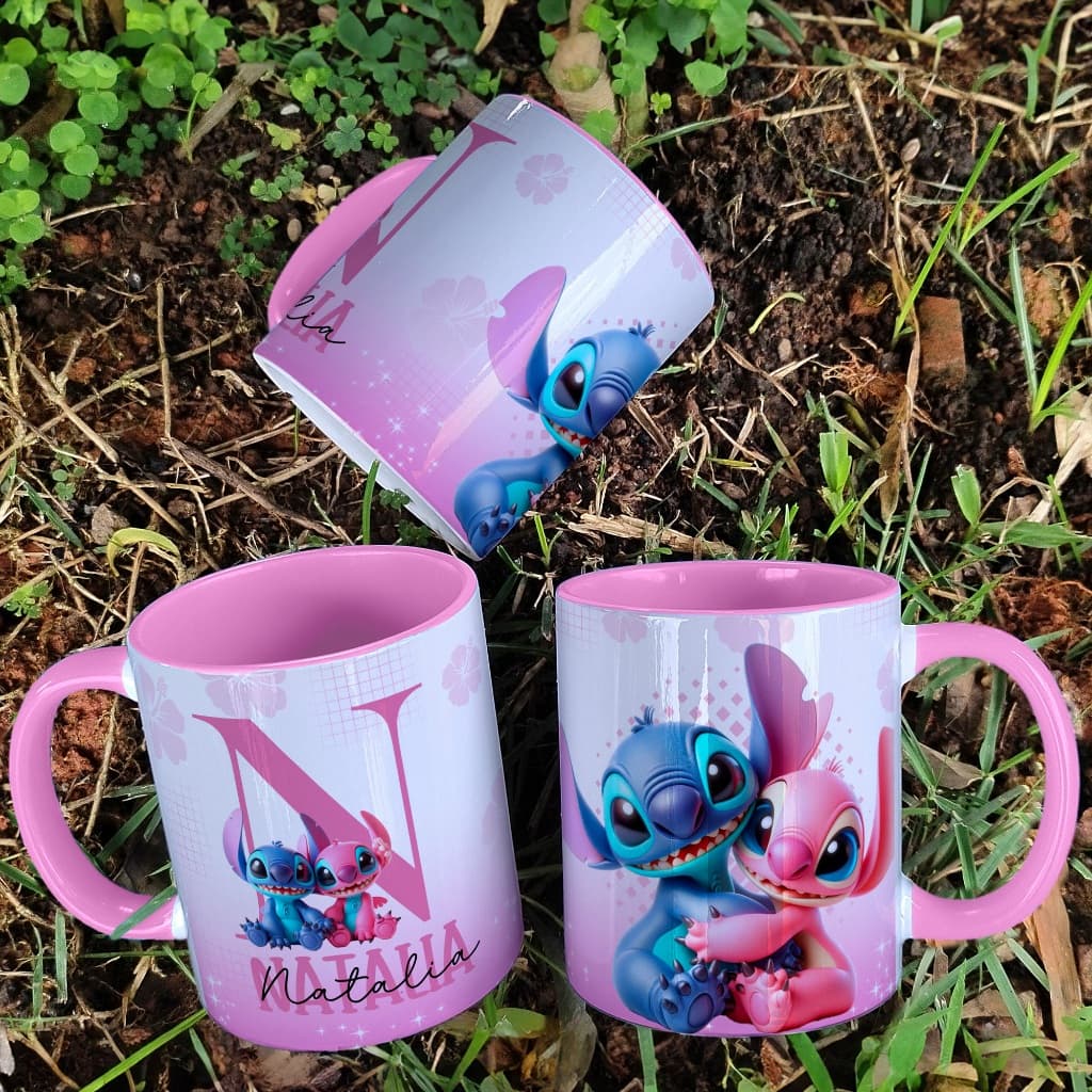 Caneca de Porcelana Personalizada Stitch com a Letra do nome Masculino e Feminino Modelo Novo