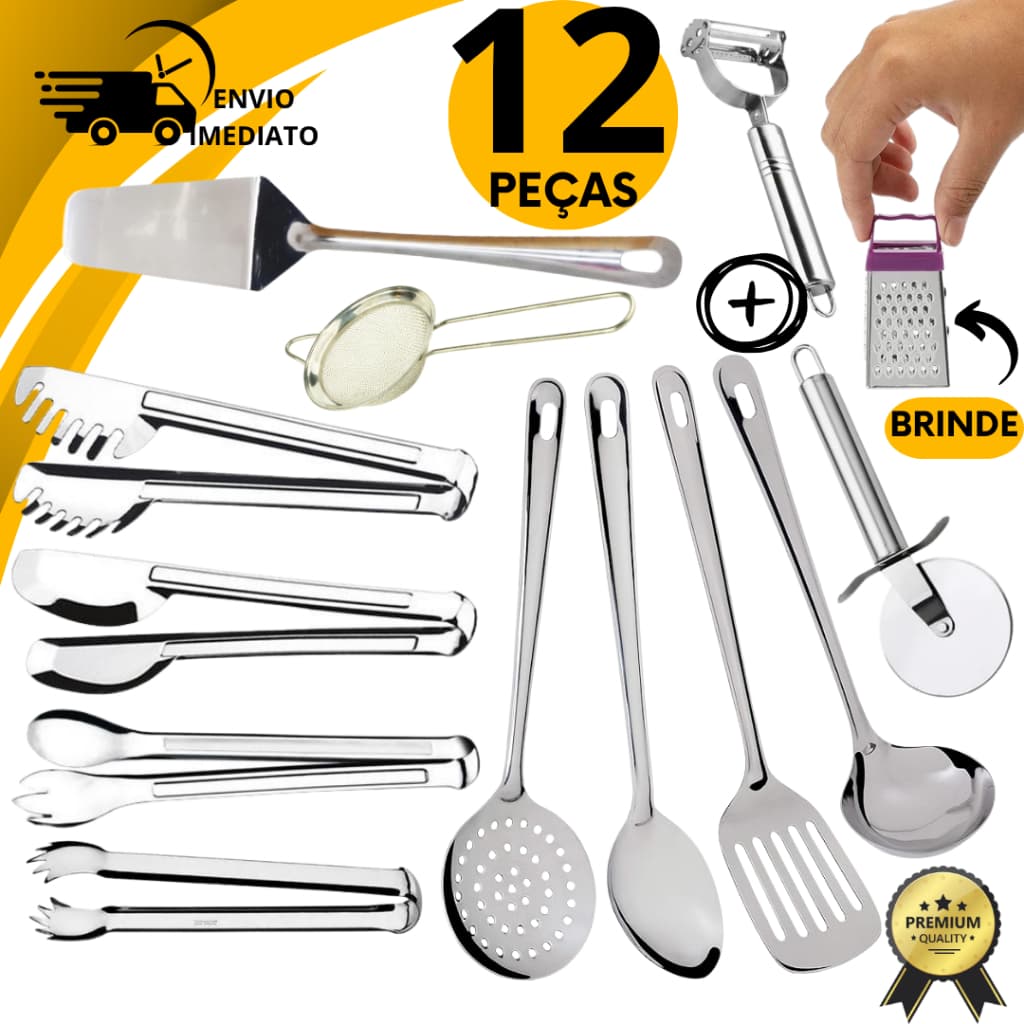 Jogo de Cozinha Inox Colher Concha Espatula Escumadeira Pegador Descascador Legumes Peneira