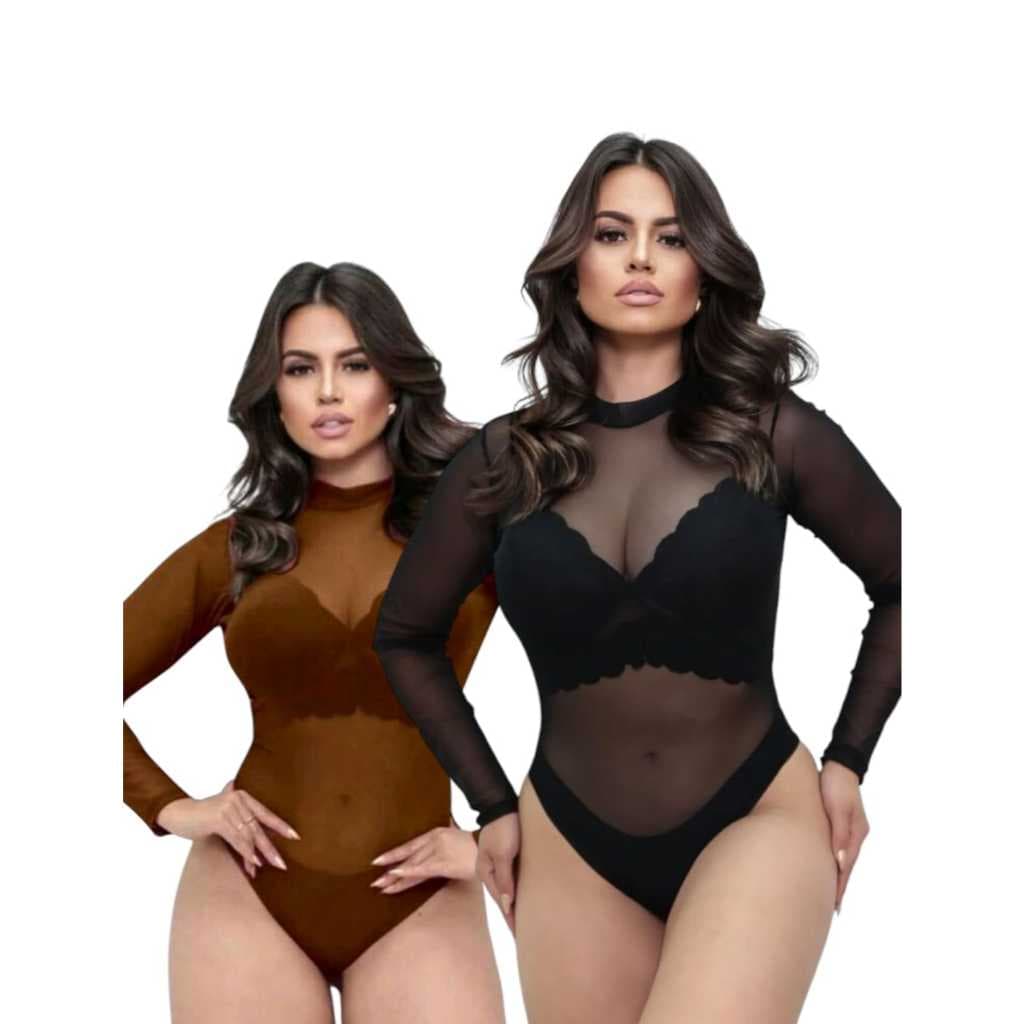 Kit Body Feminino Tule Transparente Manga Longa, Body Onca Animal Print