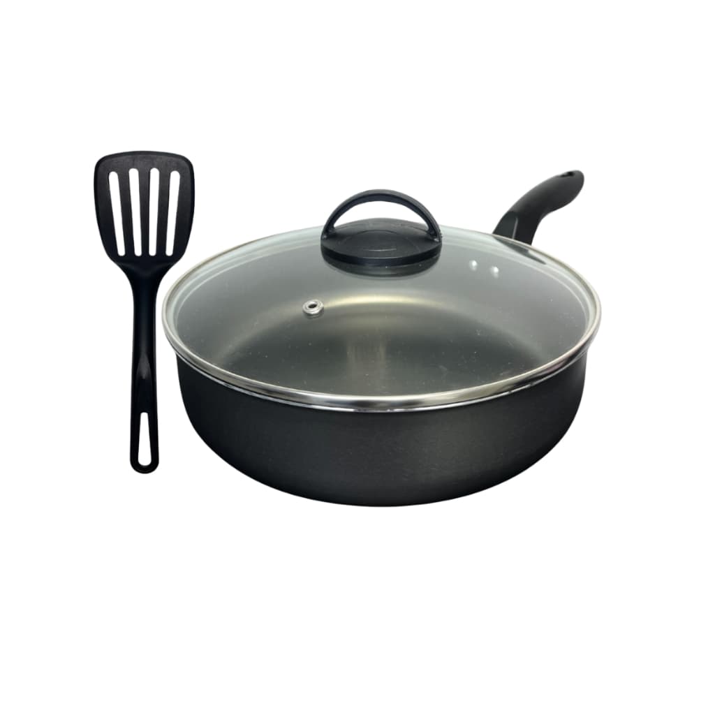 Frigideira Grande Alta Funda 24 cm Antiaderente Teflon com Tampa de Vidro Espátula Cor Preta Grafite