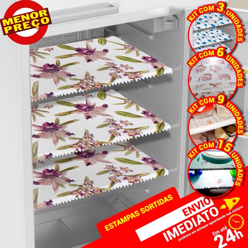Jogo de Geladeira Forro P/ Prateleiras Gavetas Estampas Sortidas Toalhas PE Kit C/ 3 6 9 12 e 15 pçs