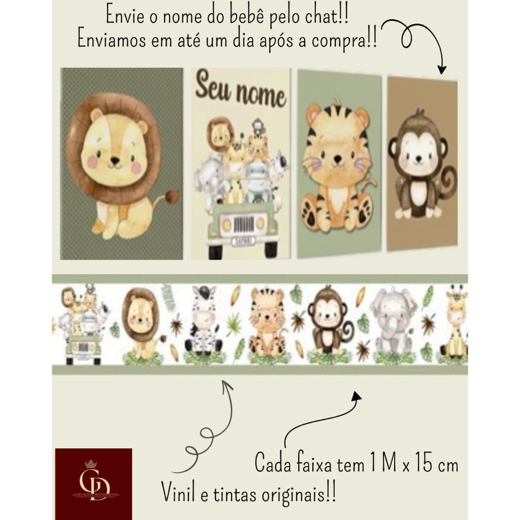 Quadros Decorativos 4 Peças Safari Personalizado Com Nome +1 Faixa Adesiva de Parede pro quarto do b