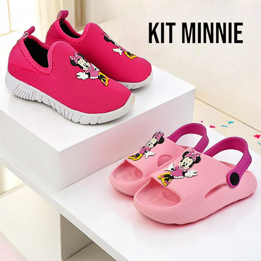 Kit 2 Pares, Tênis Infantil Calce Fácil Papete Slide Sandália Menina Leve Macia Confortável