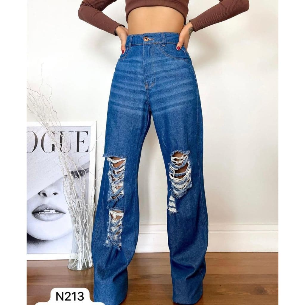 Calça Wide Leg Jeans Feminina Marmorizada Cintura Alta 100% Algodão Premium