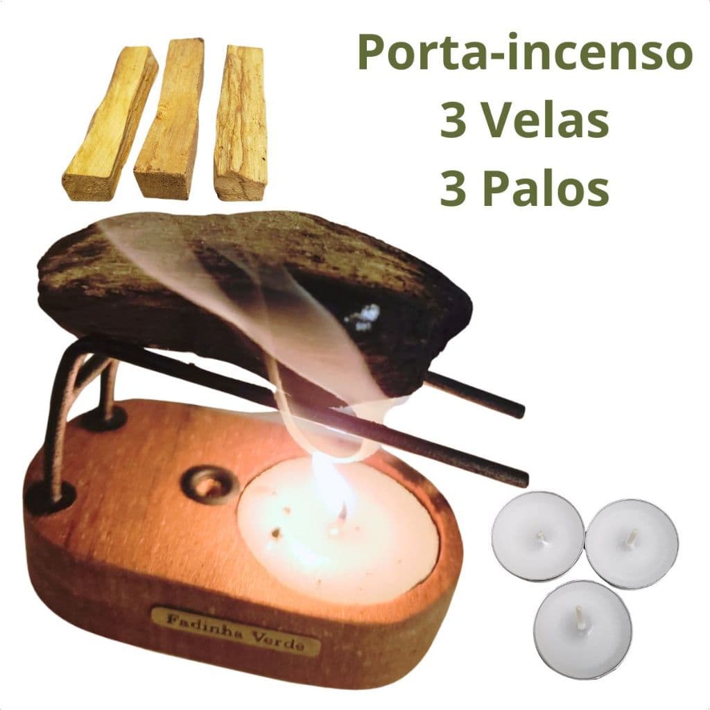 Incensário Porta Palo Santo P 3 velas 25g Palo Super Resinados Fadinha Verde Mística Relaxante Reiki