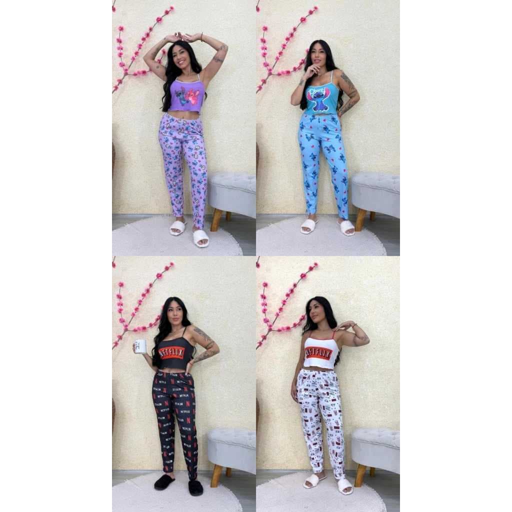 KIT 2 PIJAMAS FEMININO CALÇA + CROPPED DE ALCINHA SUEDE ONDINHA VIRGINIA PERSONAGENS DIVERTIDOS