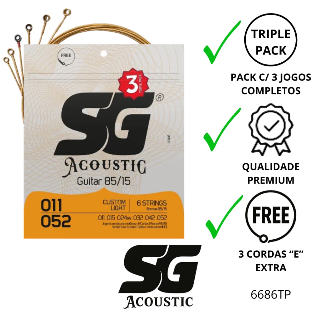 Pack com 3 Corda SG 011 Aço Bronze 85/15 Encordoamento para Violão Kit com 3