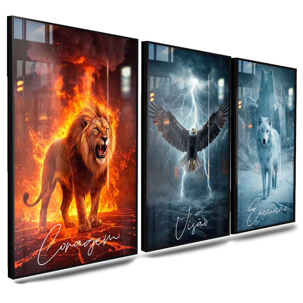 Kit Quadros Decorativos com 3 peças Forças da Alma Coragem Visão Esperança Leão Águia Lobo