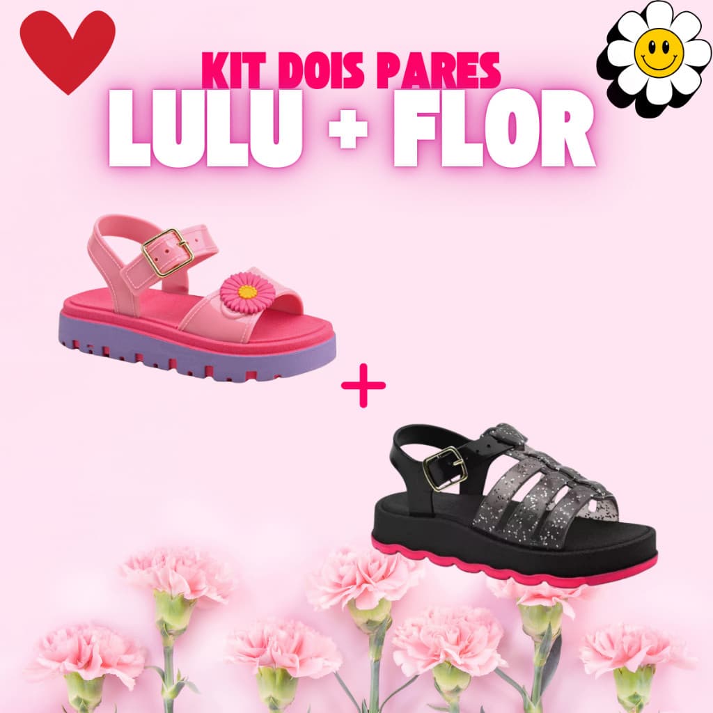Kit 2 Pares  Sandalia Lulu Baby Preta + Sandalia Flor Leve Macia 575 lancamento Confortável