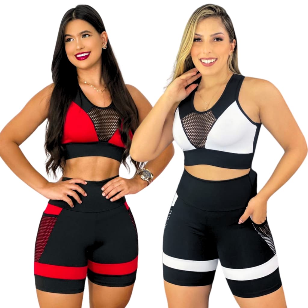 Conjunto Academia Feminino Short Bolso e Top Suplex com Tela Tranparência Moda Fitness