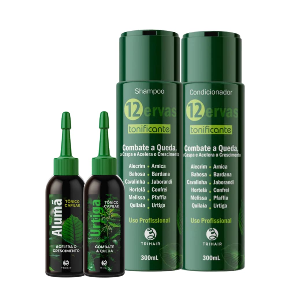 Shampoo e Condicionador 12 Ervas 600ml + Tônico 60ml Alumã ou Urtiga