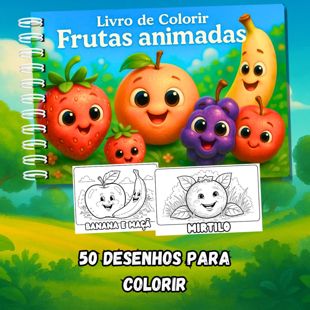 Livro De Colorir Frutas Animadas Aprendizado Capa Dura 50 Páginas 180g A5 + Acetato