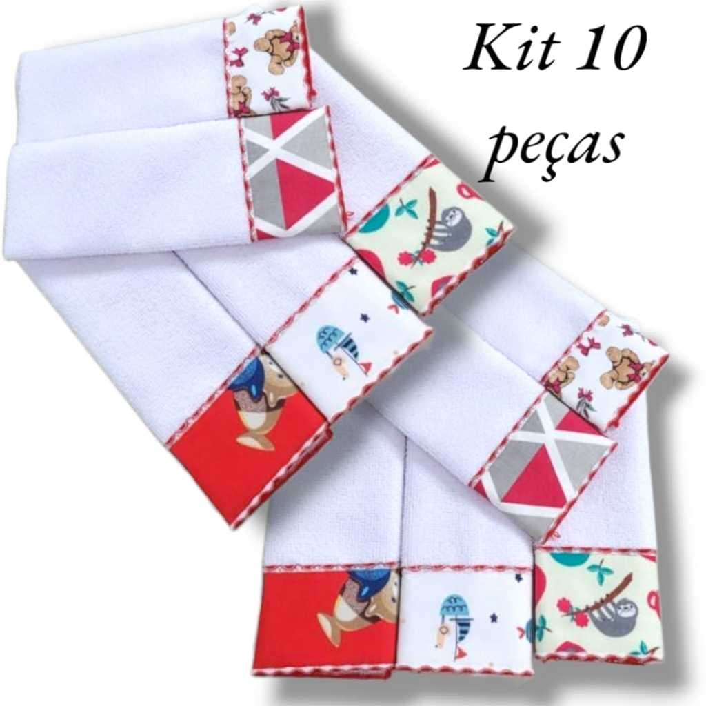 Kit Toalha Ombro e Boca Babete 10 Unidades Overlocado e Tecido Com Estampas Variadas Muito Macias