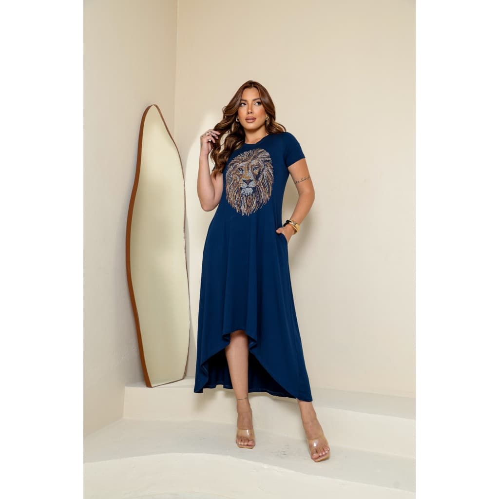 Vestido Midi Mulet com Estampa de Leao em Strass