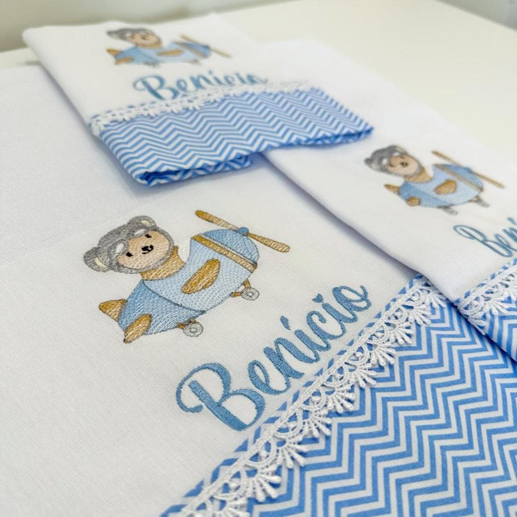 Kit Fraldas Personalizadas para Menino 3 Peças: Ombro, Boca e Passeio-urso aviador ursinho 3 fralda
