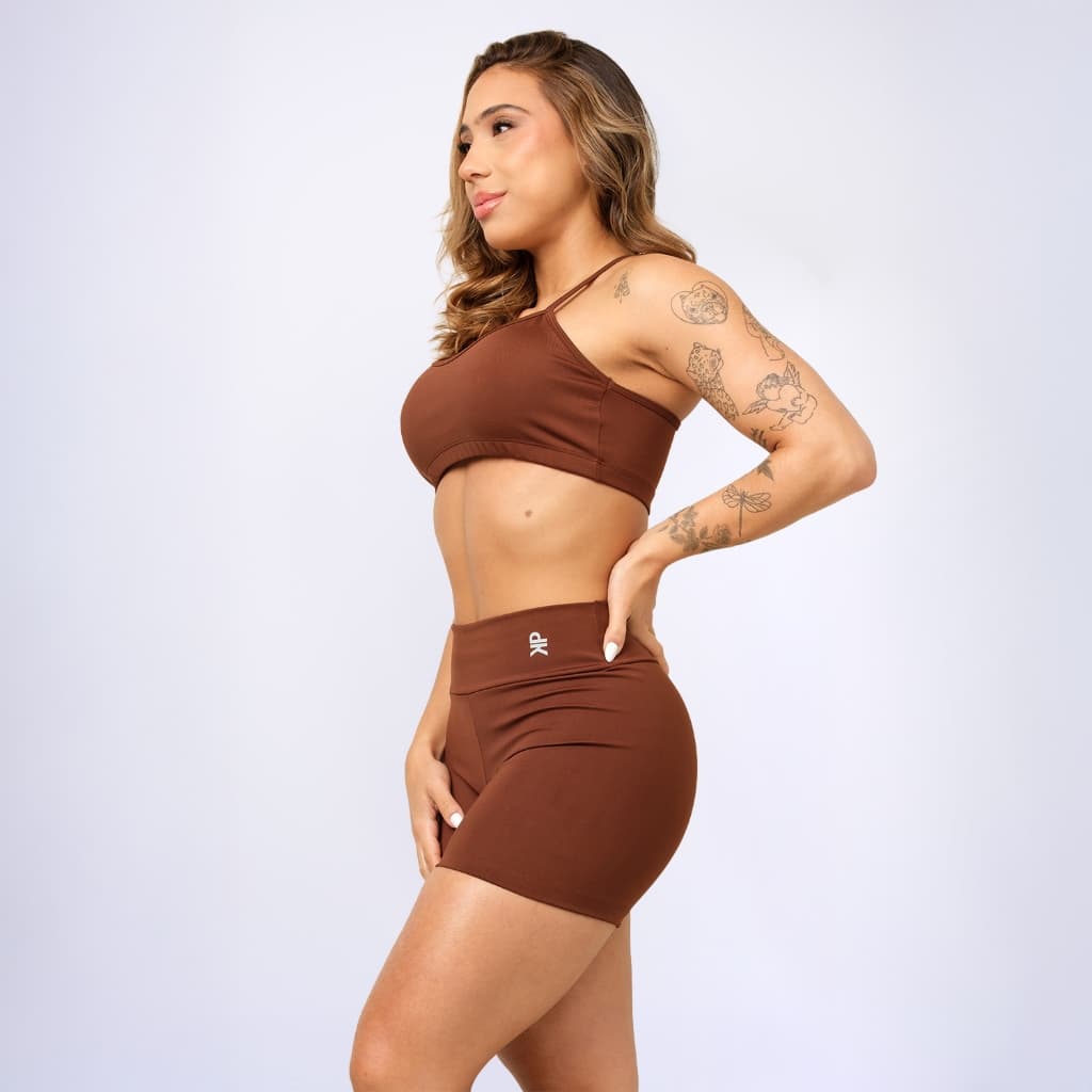 Conjunto Fitness Top Alça e Short Legging Blackout Cós Alto Feminino Liso Básico Academia
