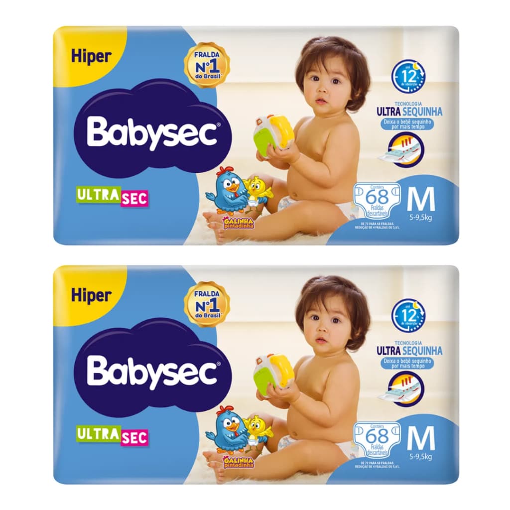 Kit 2 Fraldas Babysec Hiper Tamanho M 68 Unid - Total 136 Unid