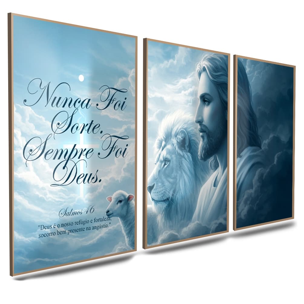 Kit Quadros Decorativos com 3 peças Azul Salmos 16 Deus é Nosso Refúgio Leão Cordeiro E O Salvador Céu