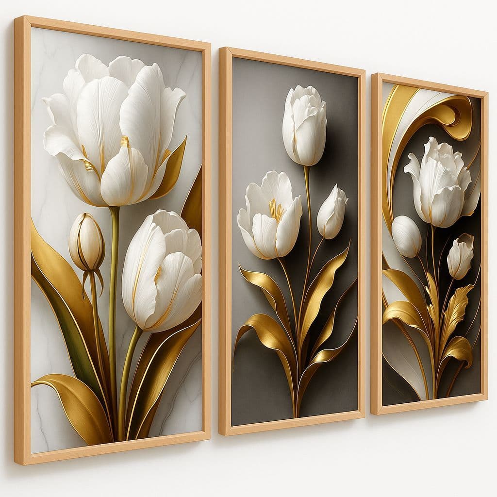 Quadros Decorativos Flor Abstrata Tulipa Dourada Premium  3 Peças Mosaico Sala Quarto Escritório