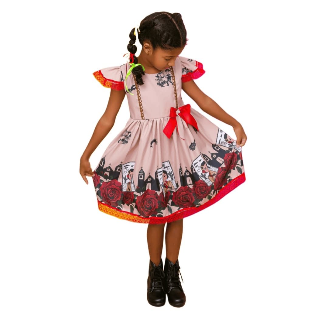 Vestido Festa Junina Infantil Maria Bonita Estampa Rosa e Vermelha super luxo