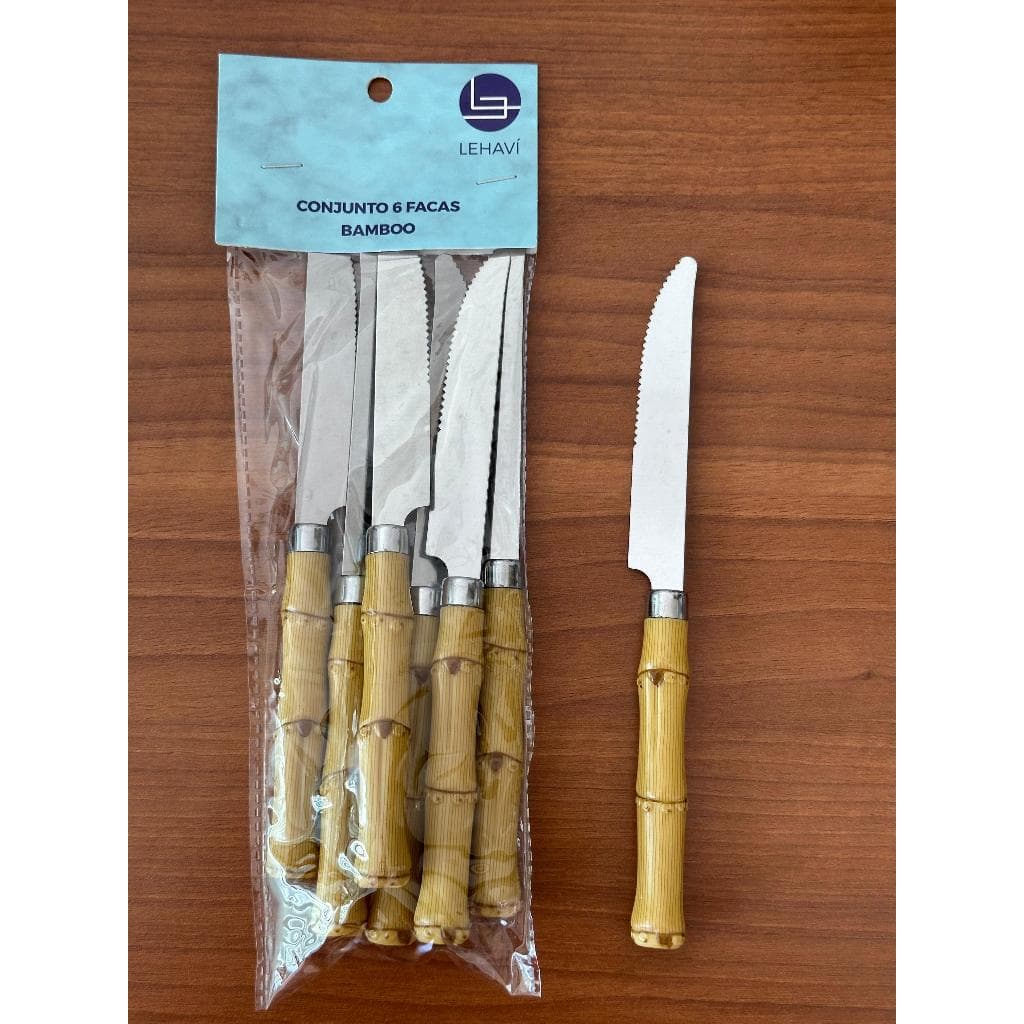 Conjunto 6 Facas P/Churrasco De Inox C/Cabo De Plástico Bambu 22cm