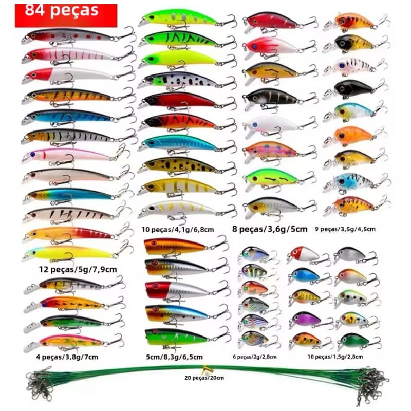 kit 84 peças isca peixe artificial pesca tamanho diversos tucunaré