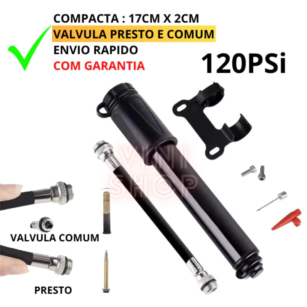 Mini Bomba Encher Pneu Para Bicicleta Válvula Presta Bico Fino E Grosso 120PSI Aluminio