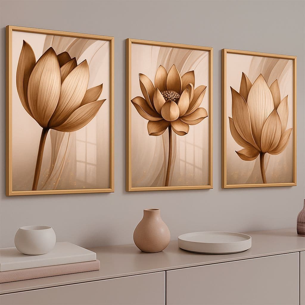 Kit 3 Quadros Decorativos Flor Lótus Tons Bege e Caramelo Decoração Elegante